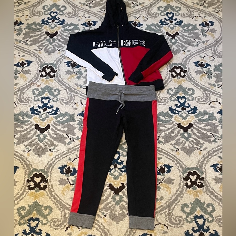 Tommy Hilfiger Women’s Black and Red 2 piece track suit with zip hoodie+ joggers